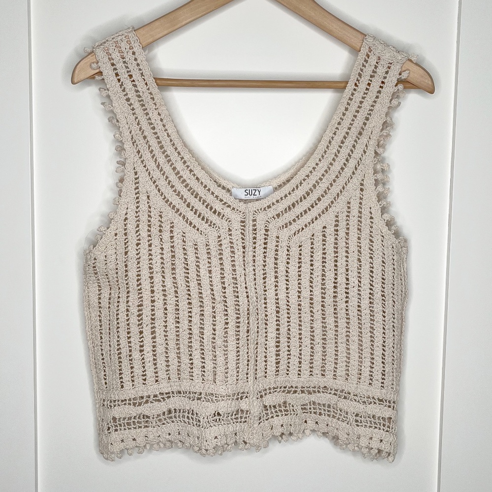 Crocheted Lacy Fringed Cotton Cropped Tank Top in Cream